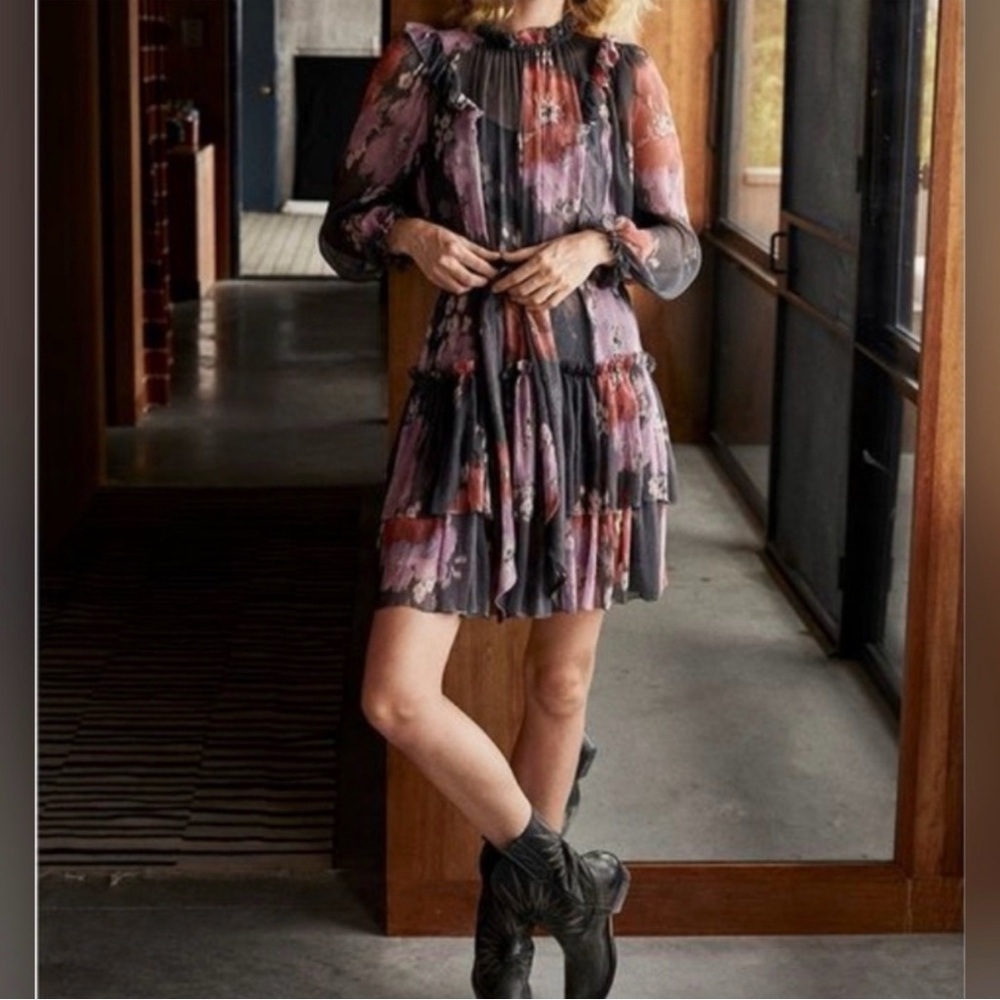 Unsubscribed Long Sleeve Ruffle
Silk Floral Mini Dress in Grey Shadow